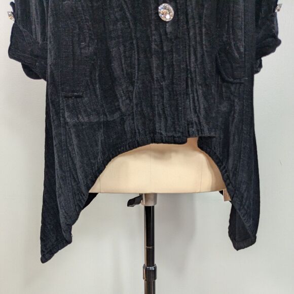 Velvet Top M Black Velour Blouse Button Whmsigoth Laggenlook 3/4 Sleeve Flowy - Picture 2 of 11